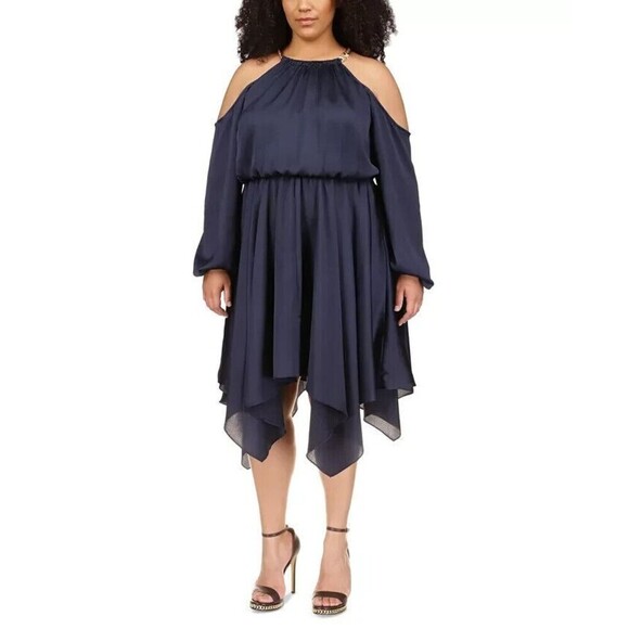 Michael Kors Plus Size Cold-Shoulder Handkerchief-Hem Dress Midnight Blue 2X - Picture 1 of 12